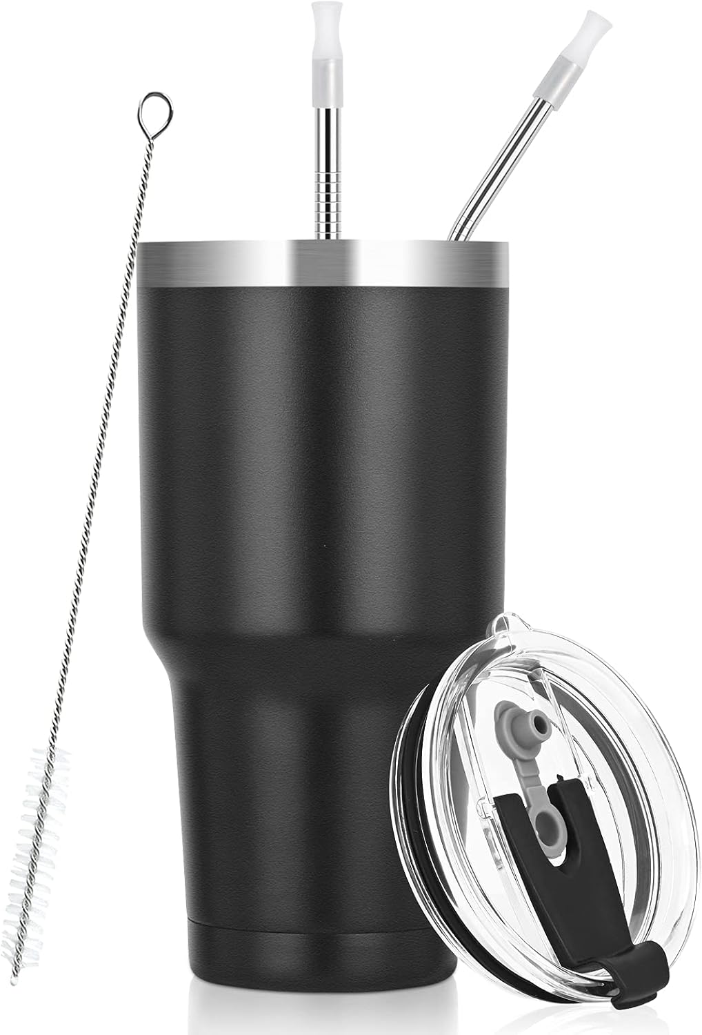 30Oz Stainless Steel Tumbler, Insulated Coffee Tumbler Cup, Double Wall Vacuum Insulated Travel Tumbler with Lid and Straw, Powder Coated Travel Mug for Hot or Cold Drinks, Black